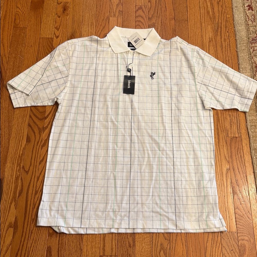 Ashworth Polo white with blue, green & yellow lines